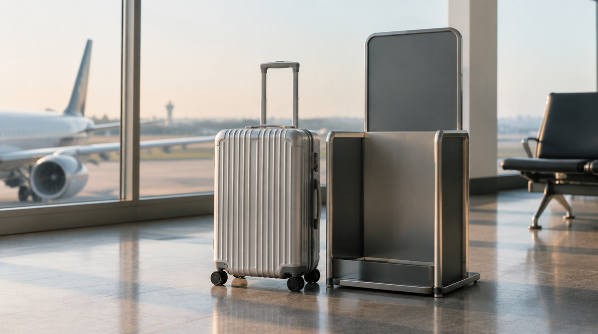 Aluminium suitcase beside a cabin baggage sizer at an airport gate